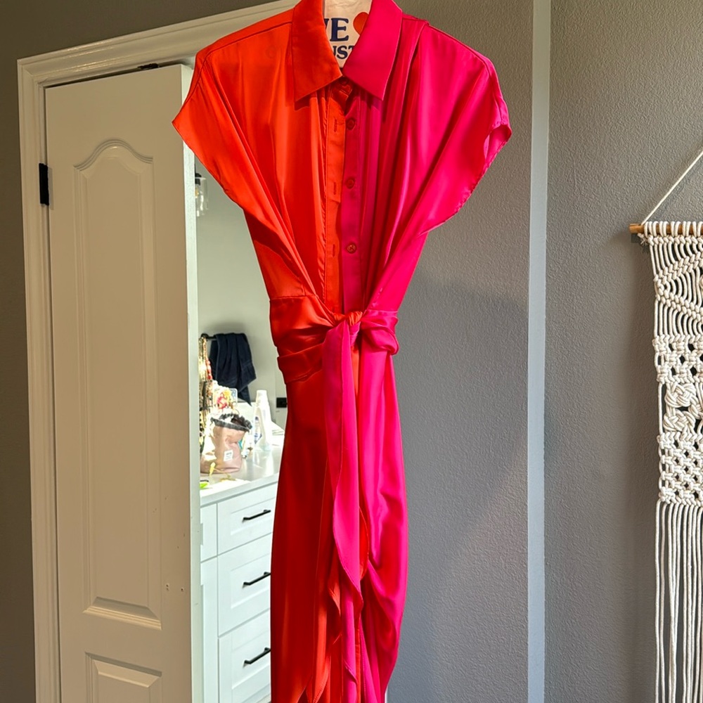 Pink and orange silky wrap high low dress, button up, size S